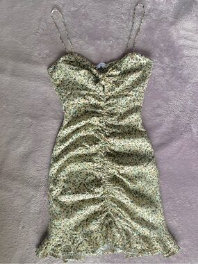 Zara Floral Ruched Mini Dress Bow Front Cottagecore Linen Blend XS